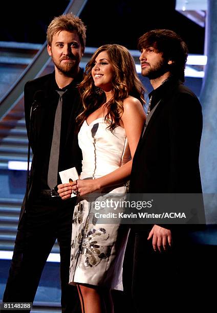 Musicians Dave Haywood, Hillary Scott, and Charles Kelley of the band Lady Antebellum onstage during the 43rd annual Academy Of Country Music Awards...