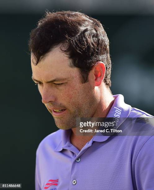Robert Streb reacts on the 18th green during the final round of The Greenbrier Classic held at the Old White TPC on July 9, 2017 in White Sulphur...