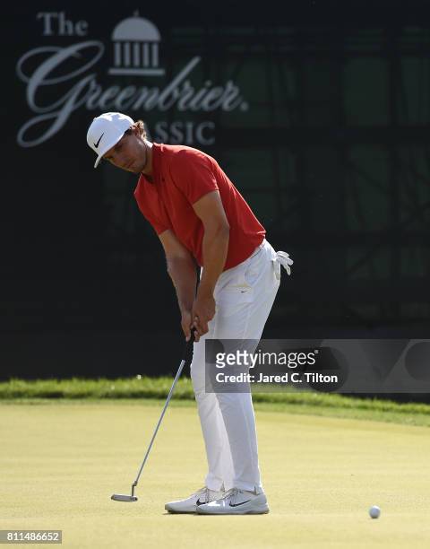 Jamie Lovemark putts on the 18th green during the final round of The Greenbrier Classic held at the Old White TPC on July 9, 2017 in White Sulphur...