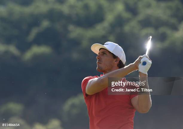 Jamie Lovemark tees off the 18th hole during the final round of The Greenbrier Classic held at the Old White TPC on July 9, 2017 in White Sulphur...