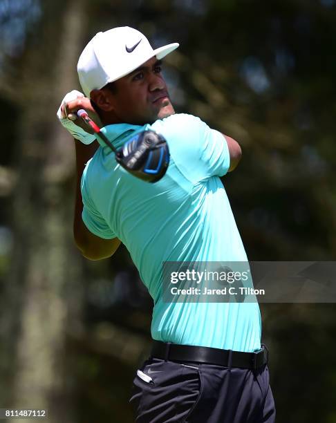 Tony Finau tees off the sixth hole during the final round of The Greenbrier Classic held at the Old White TPC on July 9, 2017 in White Sulphur...