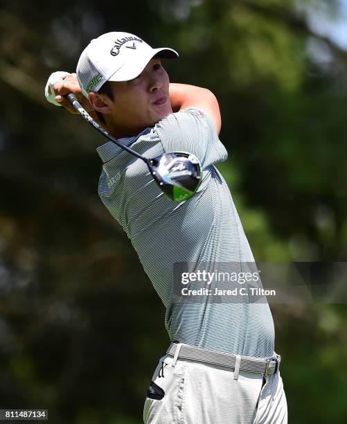 Danny Lee tees off the sixth hole during the final round of The Greenbrier Classic held at the Old White TPC on July 9, 2017 in White Sulphur...