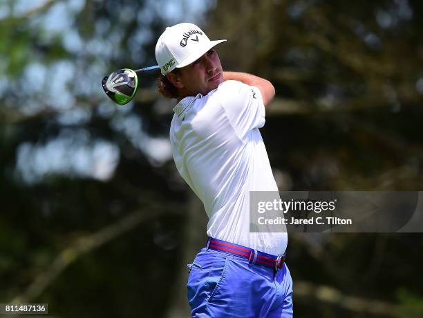 Kelly Kraft tees off the sixth hole during the final round of The Greenbrier Classic held at the Old White TPC on July 9, 2017 in White Sulphur...