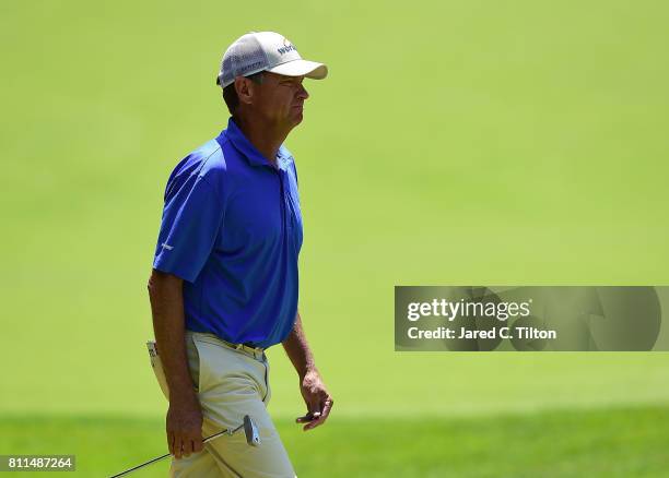 Davis Love III walks the fifth green during the final round of The Greenbrier Classic held at the Old White TPC on July 9, 2017 in White Sulphur...