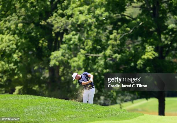Harris English plays a shot on the fifth hole during the final round of The Greenbrier Classic held at the Old White TPC on July 9, 2017 in White...