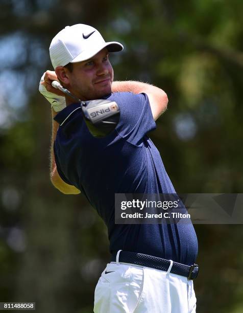 Harris English tees off the sixth hole during the final round of The Greenbrier Classic held at the Old White TPC on July 9, 2017 in White Sulphur...