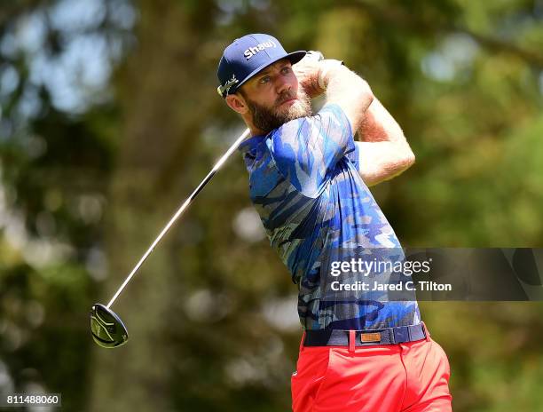 Graham DeLaet of Canada tees off the sixth hole during the final round of The Greenbrier Classic held at the Old White TPC on July 9, 2017 in White...