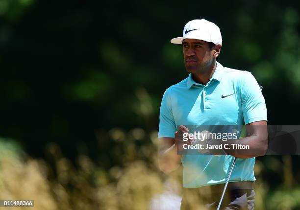 Tony Finau walks to the sixth tee during the final round of The Greenbrier Classic held at the Old White TPC on July 9, 2017 in White Sulphur...