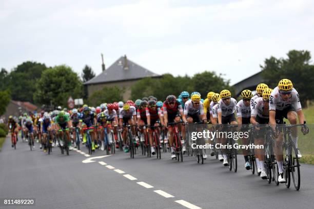 Christopher Froome of Great Britain riding for Team Sky in the leader's jersey rides in the peloton during stage 9 of the 2017 Le Tour de France, a...