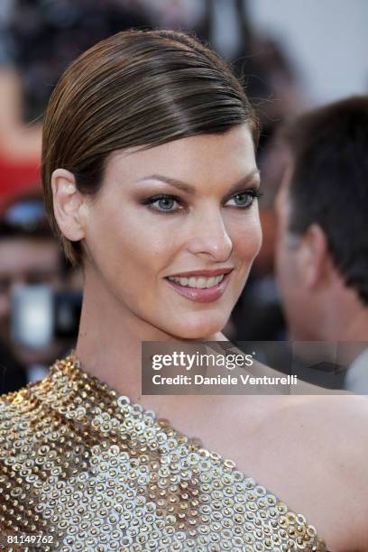 Linda Evangelista attends the Indiana Jones and the Kingdom of the Crystal Skull premiere at the Palais des Festivals during the 61st Cannes...