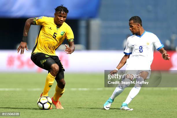 Alvas Powell of Jamaica dribbles the ball past Jarchino Antonia of Curacao during the first half of a 2017 CONCACAF Gold Cup Group C match at...