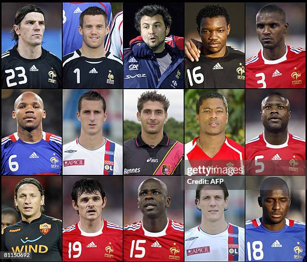 Combo shows 15 members of France football 30-man squad for Euro 2008, named by France team coach Raymond Domenech on May 18, 2008 in Paris. :...