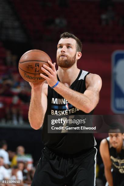 Matt Costello of the Minnesota Timberwolves shoots a free throw against the Denver Nuggets during the 2017 Las Vegas Summer League on July 9, 2017 at...