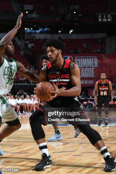 Keith Benson of the Portland Trail Blazers handles the ball against the Boston Celtics during the 2017 Las Vegas Summer League on July 9, 2017 at the...