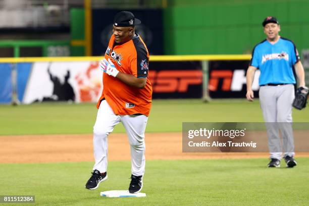 Livan Hernandez rounds the bases during the All-Star and Legends Celebrity Softball Game at Marlins Park on Sunday, July 9, 2017 in Miami, Florida.