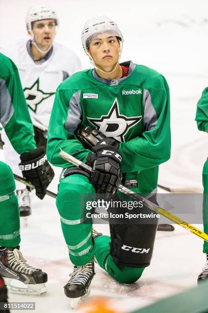 Dallas Stars first round draftee center Jason Robertson goes through drills during the Dallas Stars Development Camp on July 08, 2017 at the Dr...