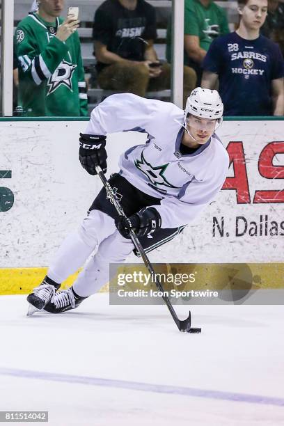 Dallas Stars first round draftee defenseman Miro Heiskanen goes through drills during the Dallas Stars Development Camp on July 08, 2017 at the Dr...