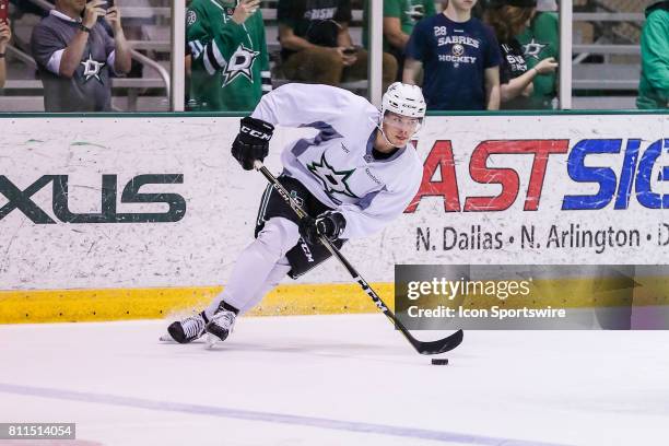 Dallas Stars first round draftee defenseman Miro Heiskanen goes through drills during the Dallas Stars Development Camp on July 08, 2017 at the Dr...