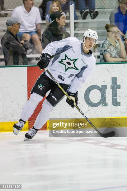 Dallas Stars first round draftee defenseman Miro Heiskanen goes through drills during the Dallas Stars Development Camp on July 08, 2017 at the Dr...