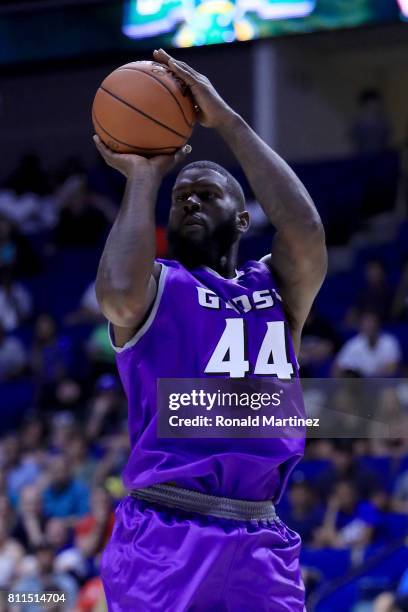 Ivan Johnson of the Ghost Ballers attempts a shot against the Ball Hogs during week three of the BIG3 three on three basketball league at BOK Center...