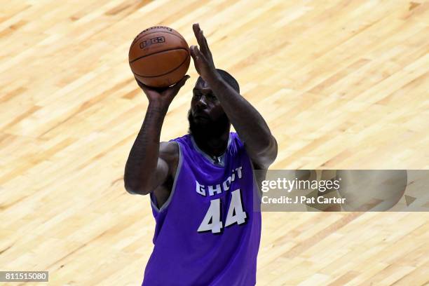 Ivan Johnson of the Ghost Ballers attempts a free throw against the Ball Hogs during week three of the BIG3 three on three basketball league at BOK...