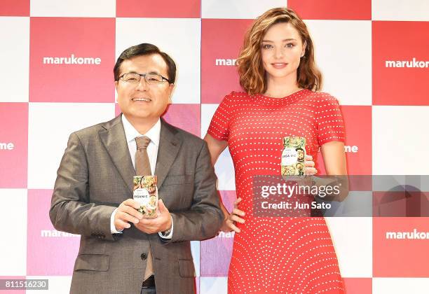 Miranda Kerr and Tokio Aoki President of Marukome Co., Ltd. Attend the promotional event of Marukome organic miso product at the Hyatt Regency on...