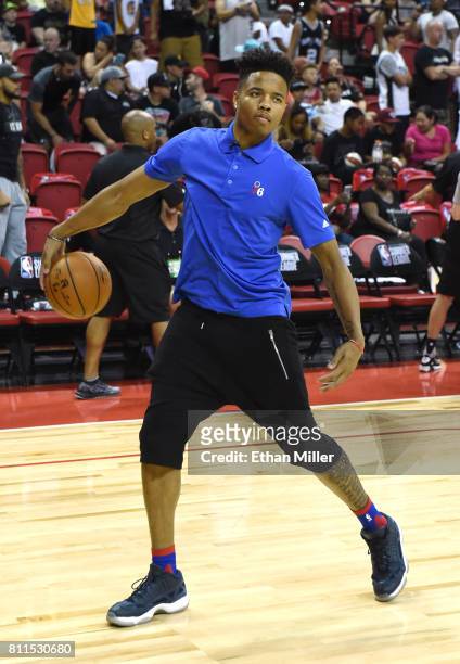 Markelle Fultz of the Philadelphia 76ers rebounds basketballs for his teammates as they warm up before a 2017 Summer League game against the San...