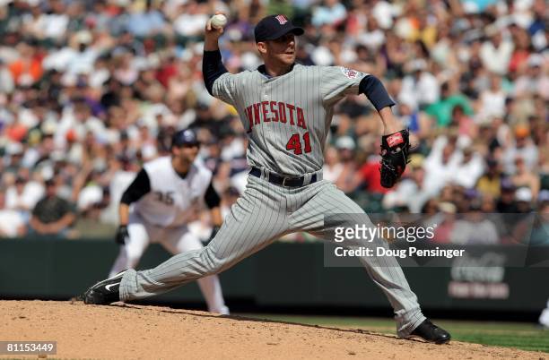 Pitcher Bobby Korecky of the Minnesota Twins delivers against the Colorado Rockies during Interleague MLB action at Coors Field on May 18, 2008 in...