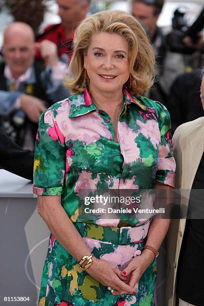 Actress Catherine Deneuve attends the Un Conte De Noel Photocall at the Palais des Festivals during the 61st Cannes International Film Festival on...