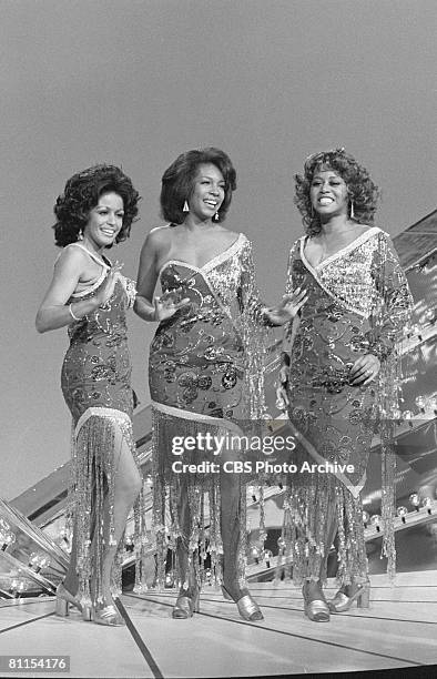 American rhythm and blues, soul, and pop group the Supremes perform on The Sonny & Cher Comedy Hour, January 17, 1974. Pictured are, from left, Mary...