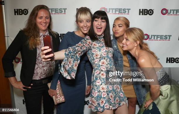 Singer/songwriter Alyssa Robbins, Director Elizabeth Rohrbaugh, Lena Hall, Hayley Kiyoko and Mena Suvari pose for a selfie at the 2017 Outfest Los...