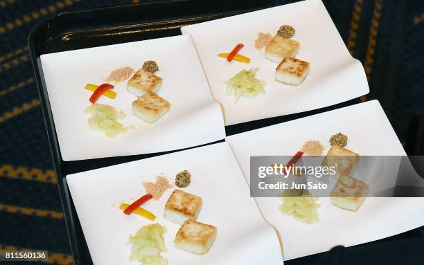 General view of served food sampler during the Marukome organic miso soup product at the Hyatt Regency on July 10, 2017 in Tokyo, Japan.