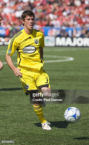 Midfielder Brad Evans of the Columbus Crew runs with the ball during the match against Toronto FC on May 17, 2008 at BMO Field in Toronto, Canada.