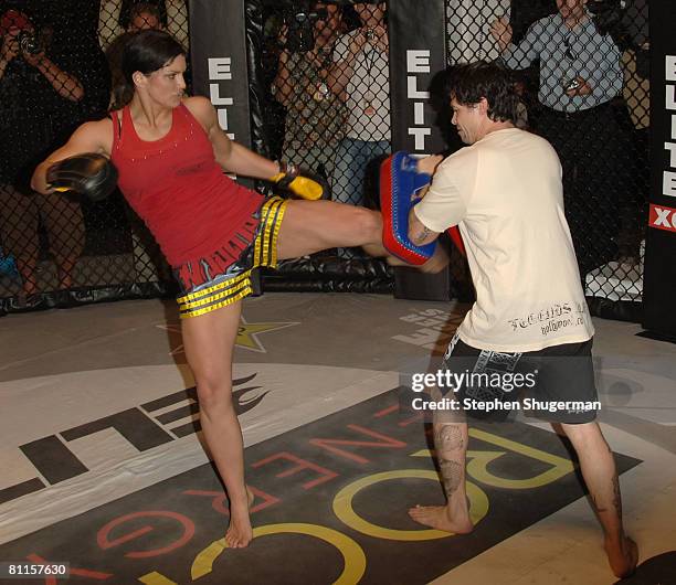 Fighter Gina Carano demonstrates MMA fighter techniques at CBS's "Elite XC Saturday Night Fights" Press Conference at CBS Radford Studios on May 19,...