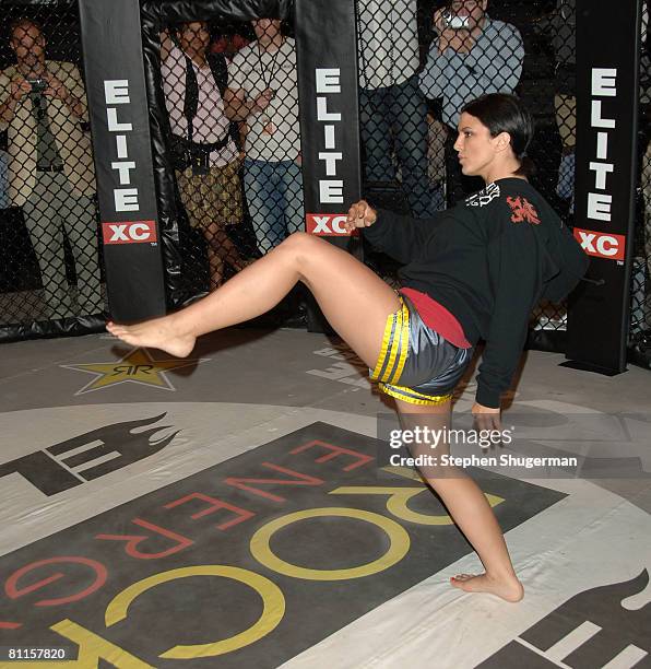 Fighter Gina Carano demonstrates MMA fighter techniques at CBS's "Elite XC Saturday Night Fights" Press Conference at CBS Radford Studios on May 19,...