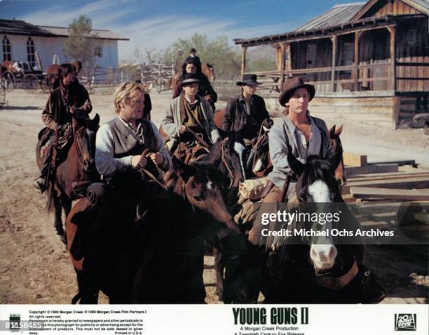 Actors Kiefer Sutherland and Emilio Estevez star in the film 'Young Guns'.