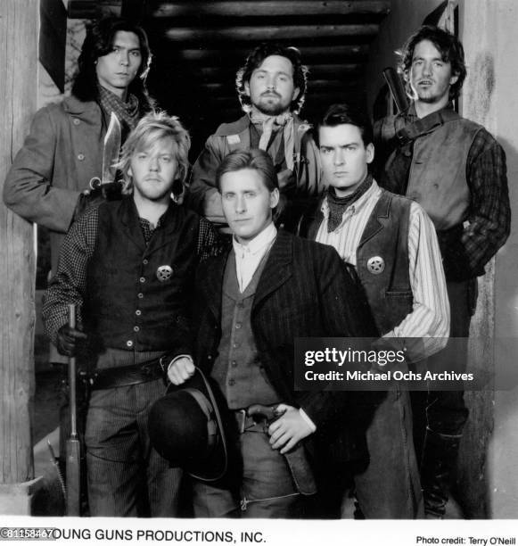 Promotional portrait of the cast of the film, 'Young Guns,' directed by Christopher Cain. Left to right, : Lou Diamond Phillips, Casey Siemaszko, and...