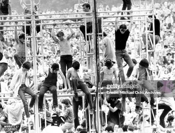 Fans at the Woodstock Music & Art Fair held at Max Yasgur's dairy farm in August, 1969 near White Lake a hamlet of Bethel, New York.