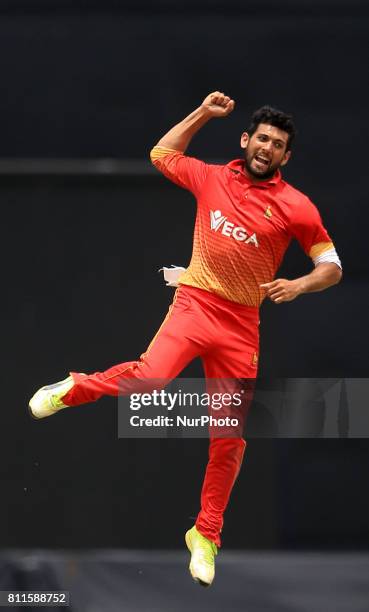 Zimbabwe cricketer Sikandar Raza celebrates during the 5th One Day International cricket matcth between Sri Lanka and Zimbabwe at Mahinda Rajapaksa...