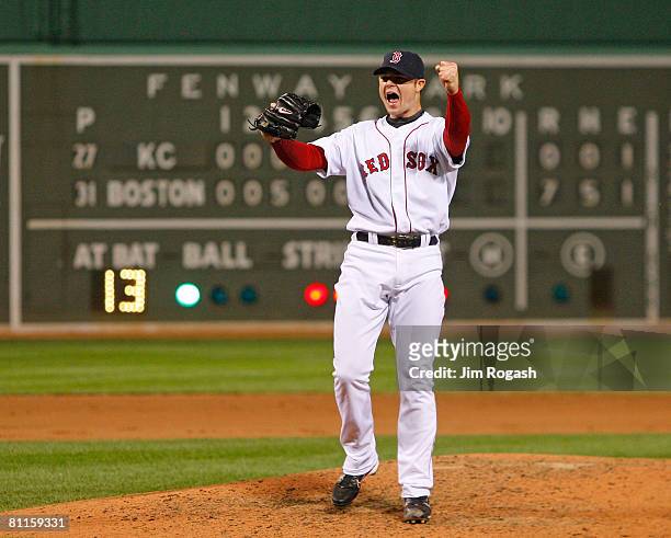 Jon Lester of the Boston Red Sox reacts after throwing a no hitter against the Kansas City Royals at Fenway Park on May 19, 2008 in Boston,...