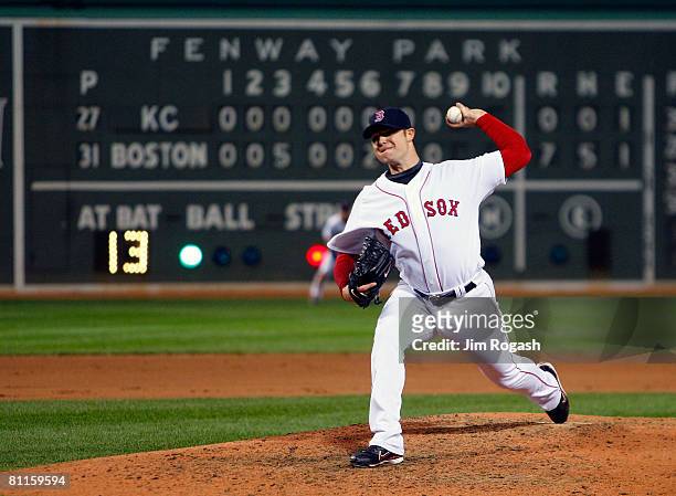 Jon Lester of the Boston Red Sox throws the final pitch for a no hitter against the Kansas City Royals at Fenway Park on May 19, 2008 in Boston,...