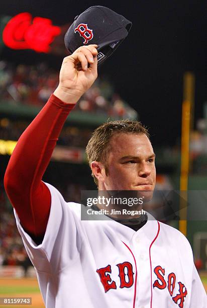 Jon Lester of the Boston Red Sox reacts after throwing a no hitter against the Kansas City Royals at Fenway Park on May 19, 2008 in Boston,...