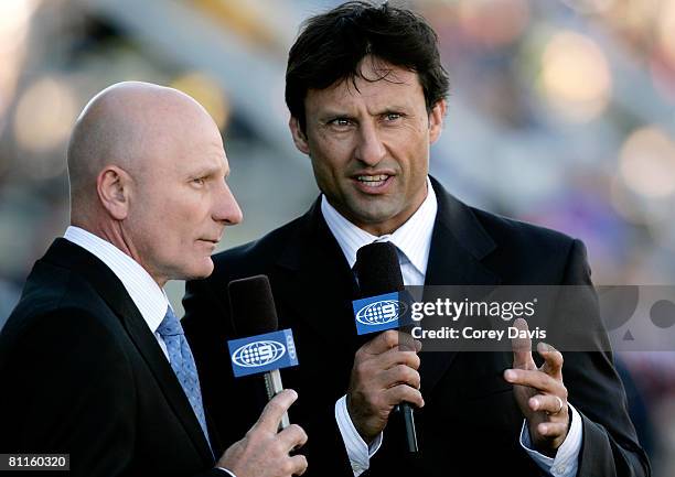 Channel nine commentators Peter Sterling and Laurie Daley talk before the round 10 NRL match between the Newcastle Knights and the Wests Tigers at...