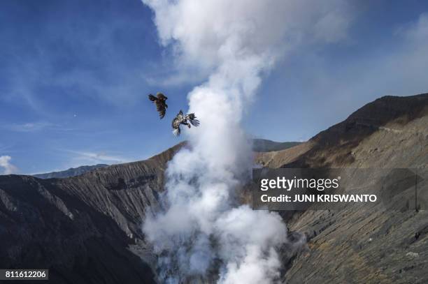 Two chickens are thrown into mount Bromo crater by members of the Tengger tribe, as offerings to Sang Hyang Widhi, during the Yadnya Kasada Festival...