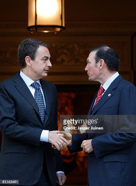 Spain's Prime Minister Jose Luis Rodriguez Zapatero greets Basque premier Juan Jose Ibarretxe upon his arrival at La Moncloa Palace on May 20, 2008...