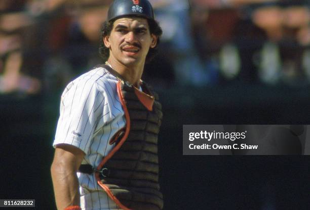 Benito Santiago of the San Diego Padres at Jack Murphy Stadium circa 1987 in San Diego,California.