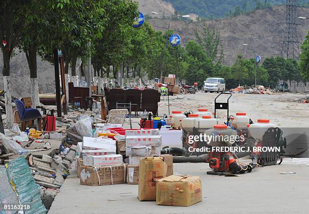 Search and rescue items like disinfectant and medicines are left untouched in the deserted quake-ravaged town of Beichuan, which was closed off for...