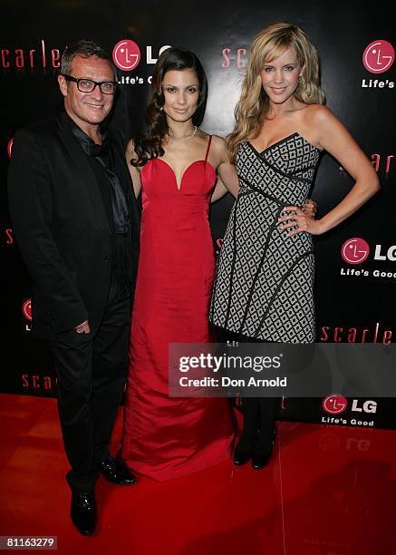 Fashion designer Jayson Brunsdon, actress and model Natassia Malthe and tv presenter Sophie Falkiner attends the the 'Scarlet' publicity campaign for...