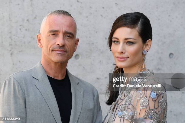 Eros Ramazzotti and Marica Pellegrinelli attends the Giorgio Armani show during Milan Men's Fashion Week Spring/Summer 2018 on June 19, 2017 in...