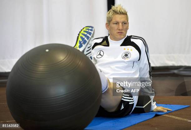 German midfielder Bastian Schweinsteiger is seen during a fitness training session at the Son Moix stadium in Palma de Mallorca on May 20, 2008...